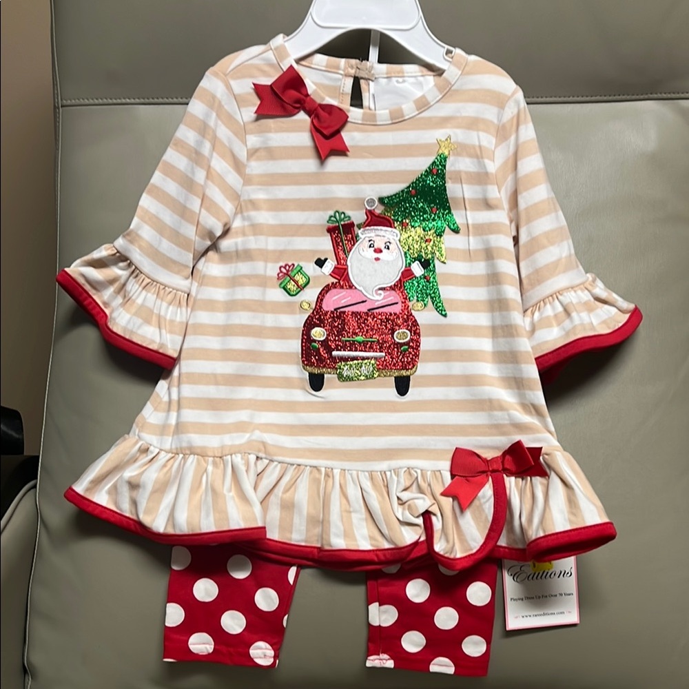 Rare Editions Beige & White Striped Christmas Top with Red Polka Dot Leggings
